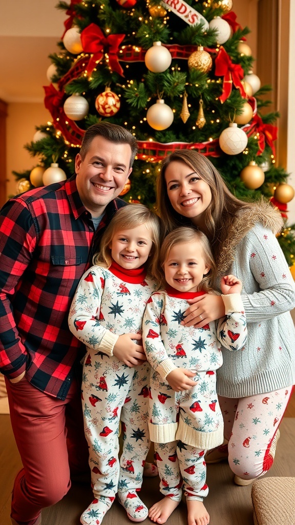A happy family in festive outfits for a Christmas card photo, with a decorated Christmas tree in the background.